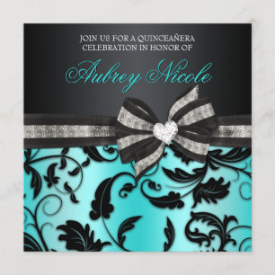 Floral Swirl Quinceañera Invite With Jewelled Bow