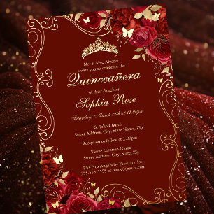 Floral Swirl Red Gold Butterfly Quinceanera