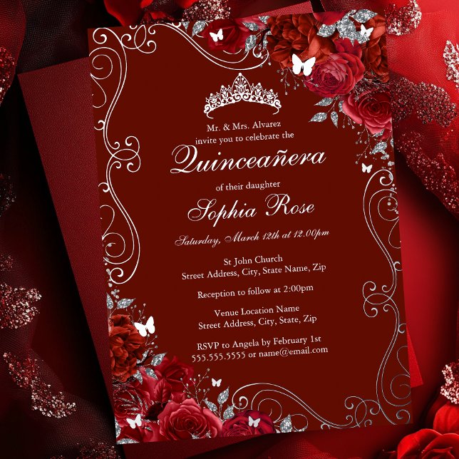 Floral Swirl Red Silver Butterfly Quinceanera (Creator Uploaded)