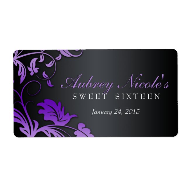 Floral Swirl Sweet Sixteen Water Bottle Label (Front)