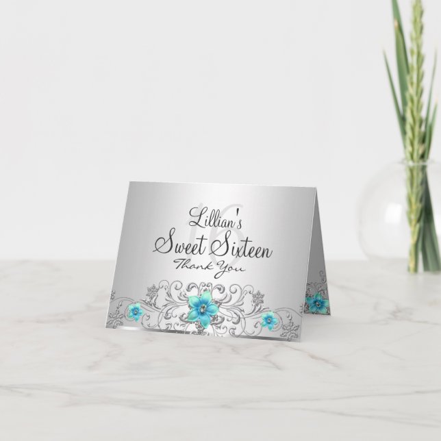Floral Swirl Teal Silver Sweet 16 Thank You Card (Front)