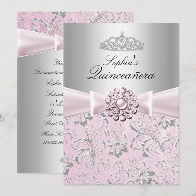 Floral Swirl Tiara Quinceanera Announcements (Front/Back)