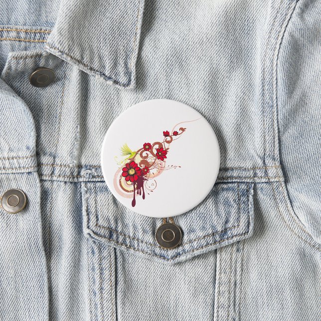 Floral Swirl with Red Flowers and Hummingbird  7.5 Cm Round Badge (Creator Uploaded)