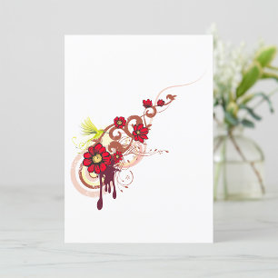 Floral Swirl with Red Flowers and Hummingbird Invitation