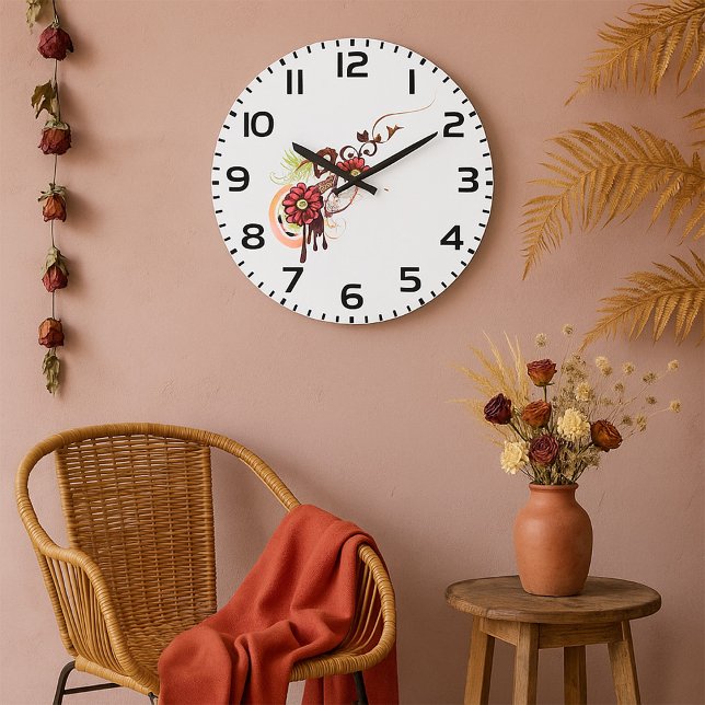 Floral Swirl with Red Flowers and Hummingbird  Large Clock (Creator Uploaded)