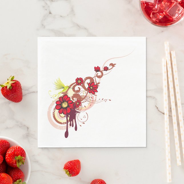 Floral Swirl with Red Flowers and Hummingbird  Napkin (Creator Uploaded)