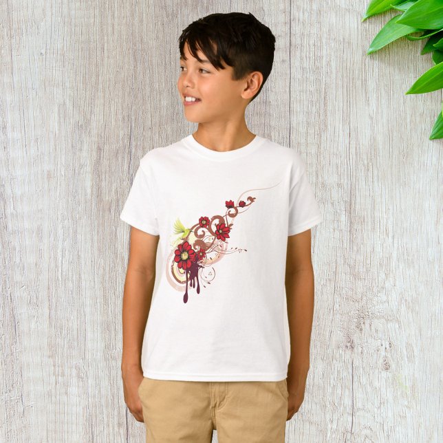 Floral Swirl with Red Flowers and Hummingbird  T-Shirt (Creator Uploaded)