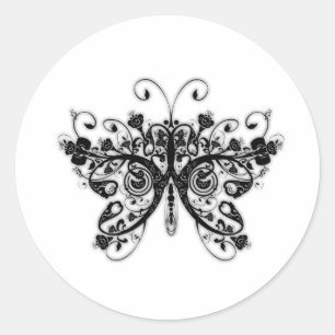 Floral Swirls Butterfly - Black & White Classic Round Sticker