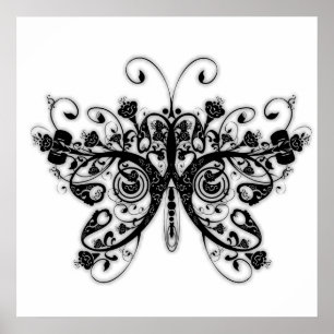Floral Swirls Butterfly - Black & White Poster