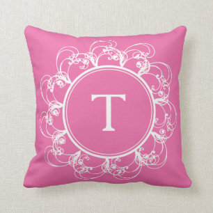 Floral Swirls Monogram Pillow pink