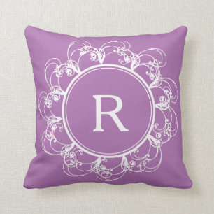 Floral Swirls Monogram Purple Pillow