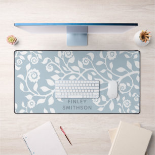   Floral Swirls Template Elegant Classy Dusty Blue Desk Mat