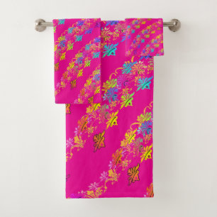 Floral Symbols Hot Pink  Bath Towel Set
