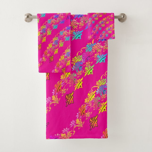 Floral Symbols Hot Pink  Bath Towel Set (Insitu)