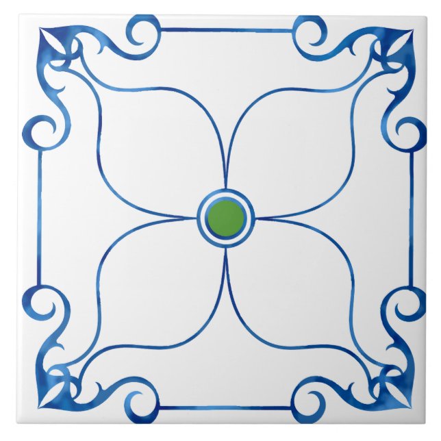 Floral Symmetry Mediterranean (Green) Ceramic Tile (Front)