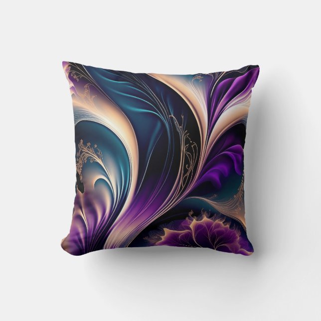 Floral Symphony - Deep Purple - Gold Abstract Art Cushion (Front)