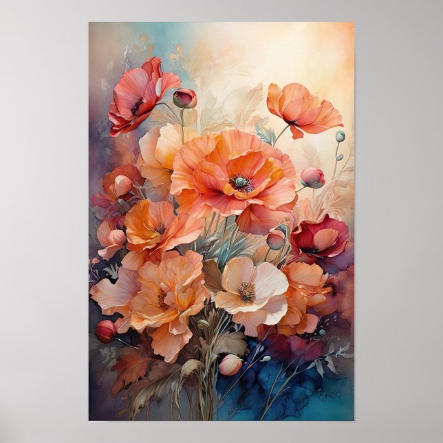 Floral Symphony - Red Poppy Flowers Watercolor Art Poster (Front)