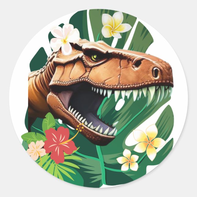 Floral T-Rex Classic Round Sticker (Front)