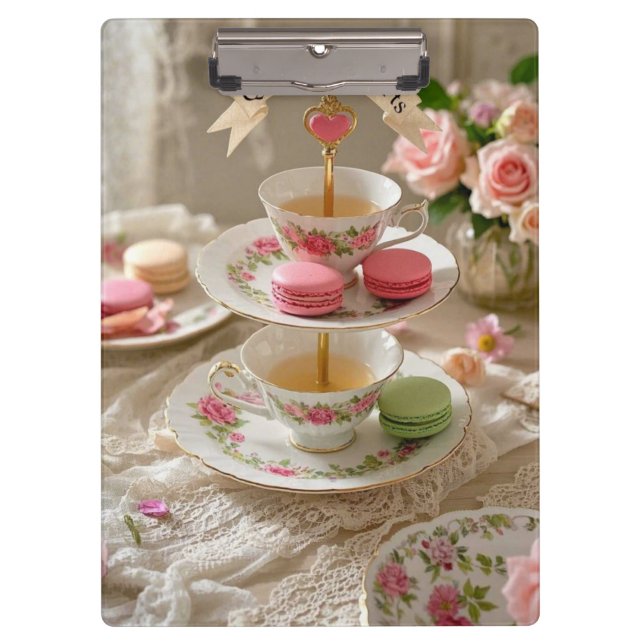 Floral table, teacups, tiered trays macarons queen clipboard (Front)
