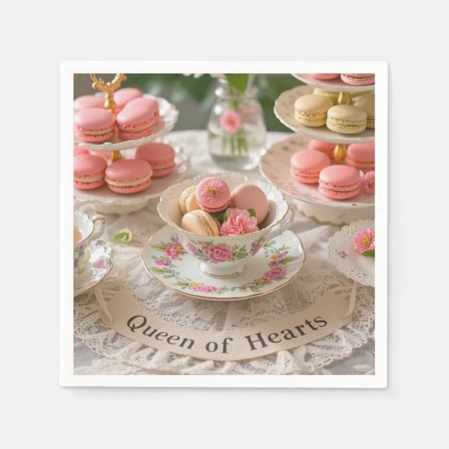 Floral table, teacups, tiered trays macarons queen napkin (Front)