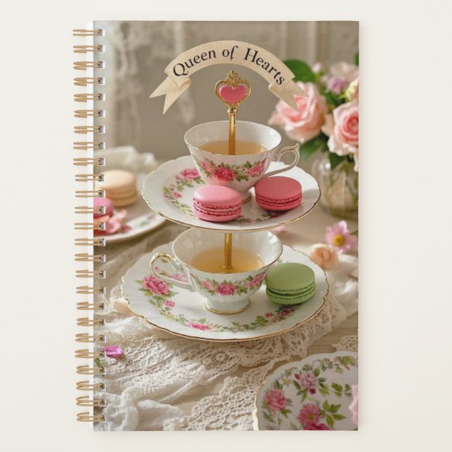 Floral table, teacups, tiered trays macarons queen planner (Front)