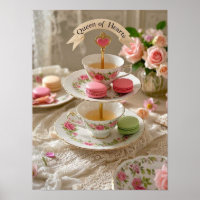 Floral table, teacups, tiered trays macarons queen