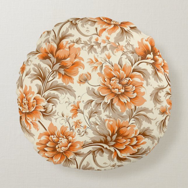 Floral Tangerine Cream Round Cushion (Front)