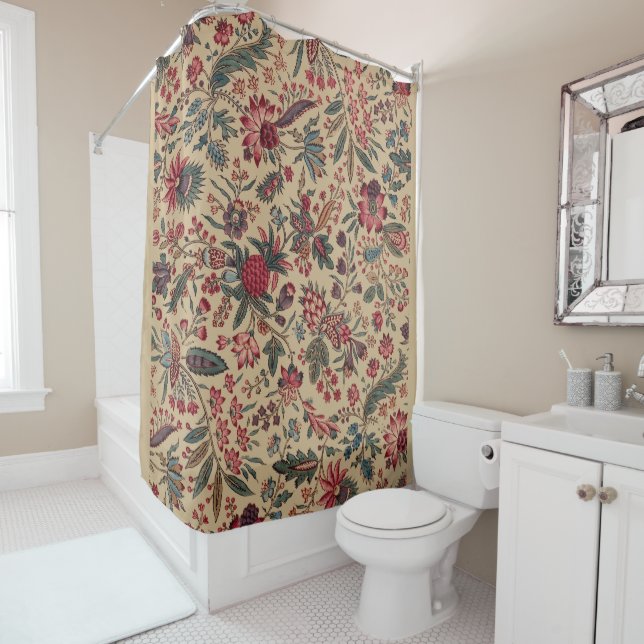 Floral Tapestry Needlework Flower Art Shower Curtain (In Situ)
