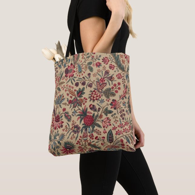 Floral Tapestry Needlework Flower Art Tote Bag (Close Up)