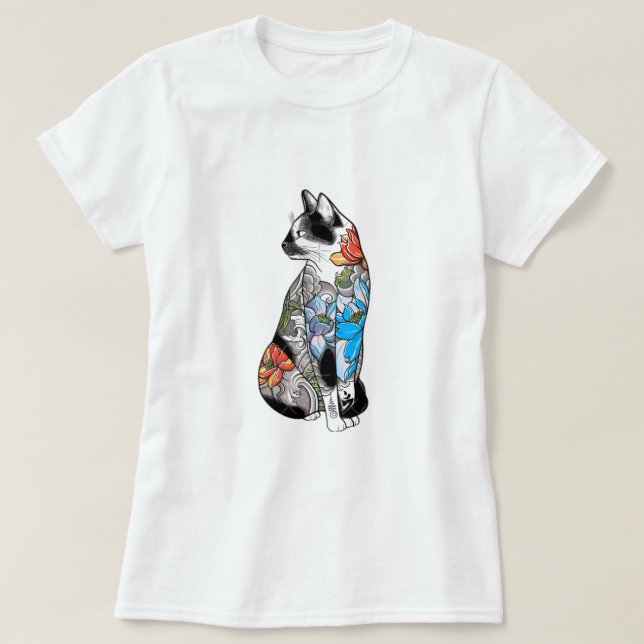 Floral Tattoo Cat Illustration – Vibrant, Artistic T-Shirt (Design Front)