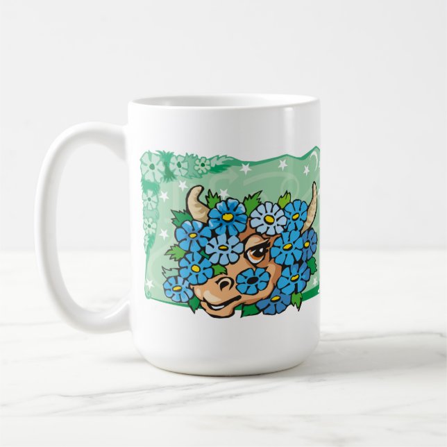 Floral Taurus Bull with Blue Flowers Coffee Mug (Left)