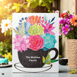 Floral Tea Coffee Cup Pink Blue Red Family Name Jigsaw Puzzle