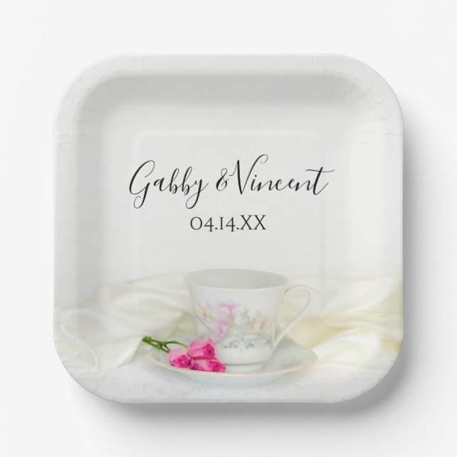 Floral Tea Cup and Pink Roses Wedding Paper Plate (Front)