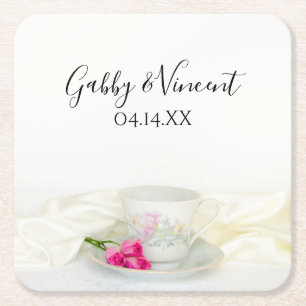 Floral Tea Cup and Pink Roses Wedding Square Paper Coaster