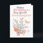Floral tea cup bird chirping granddaughter wishes card<br><div class="desc">A beautiful illustration of a hand drawn whimsical dusky pink tea cup filled with doodle spring flowers in orange, grey and orange that have a butterfly flying away from it and an adorable bird chirping hearts next to it. The words, happy birthday to a very special granddaughter (which may be...</div>