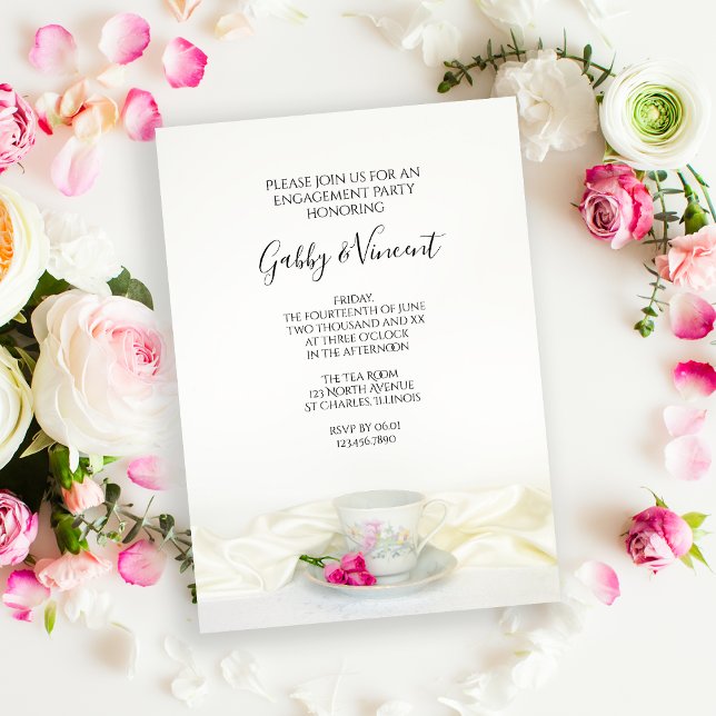 Floral Tea Cup Pink Roses Wedding Engagement Party Invitation (Creator Uploaded)