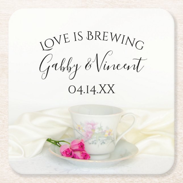 Floral Tea Cup Pink Roses Wedding Love is Brewing Square Paper Coaster (Front)