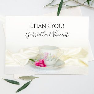 Floral Tea Cup Pink Roses Wedding Thank You Note Card