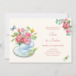Floral tea cup wedding invitation