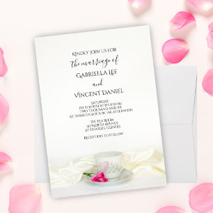 Floral Tea Cup with Pink Roses Wedding Invitation