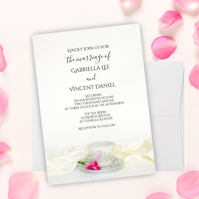 Floral Tea Cup with Pink Roses Wedding Invitation (Creator Uploaded)
