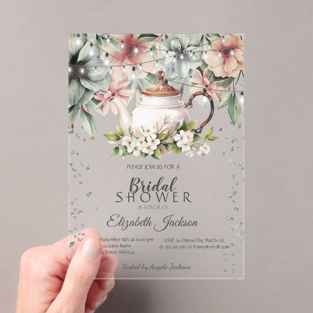 Floral Tea CupBrush Stroke Bridal Shower Acrylic Invitations (Insitu (Handheld))