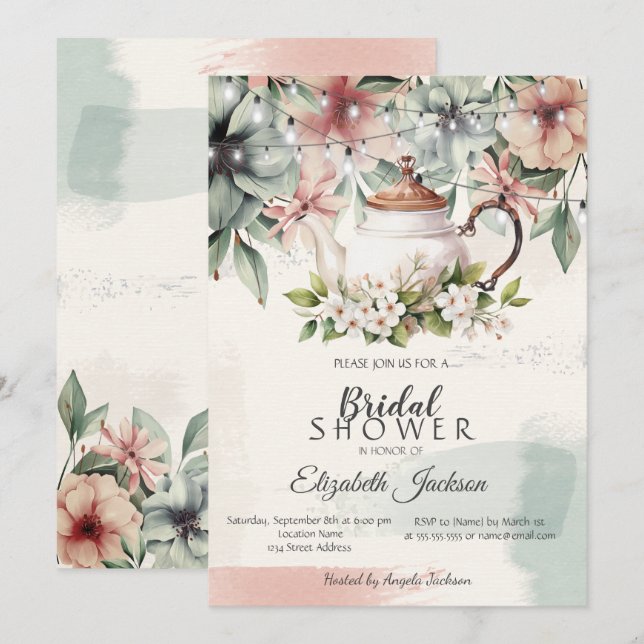 Floral Tea CupBrush Stroke Bridal Shower Invitation (Front/Back)