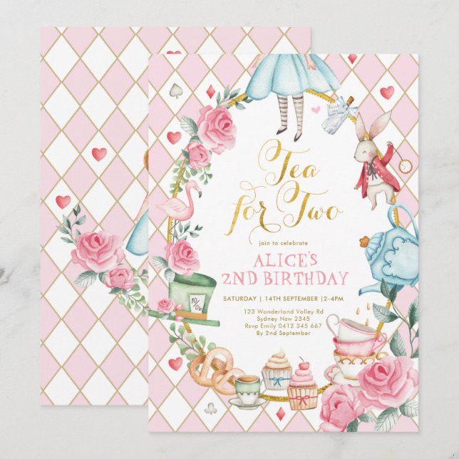 Floral Tea for Two Alice in Wonderland Birthday Invitation (Front/Back)