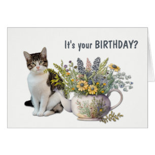 Floral Tea Kettle Cat Meowy Birthday