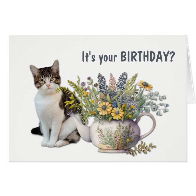 Floral Tea Kettle Cat Meowy Birthday (Front Horizontal)