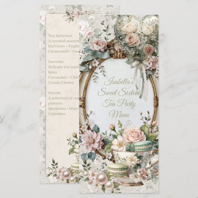 Floral Tea Party Sweet 16 Menu Card (Front/Back)