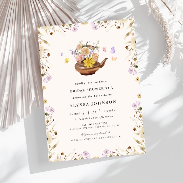 Floral Tea Pot Wildflowers Frame Bridal Shower Tea Invitation (Creator Uploaded)