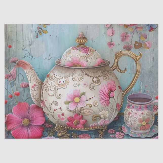 Floral Tea Time Teapot Decoupage Tissue Paper (Front)