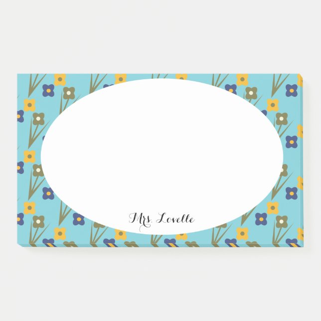 Floral Teacher Aqua Custom Name Post-it Notes (Front)